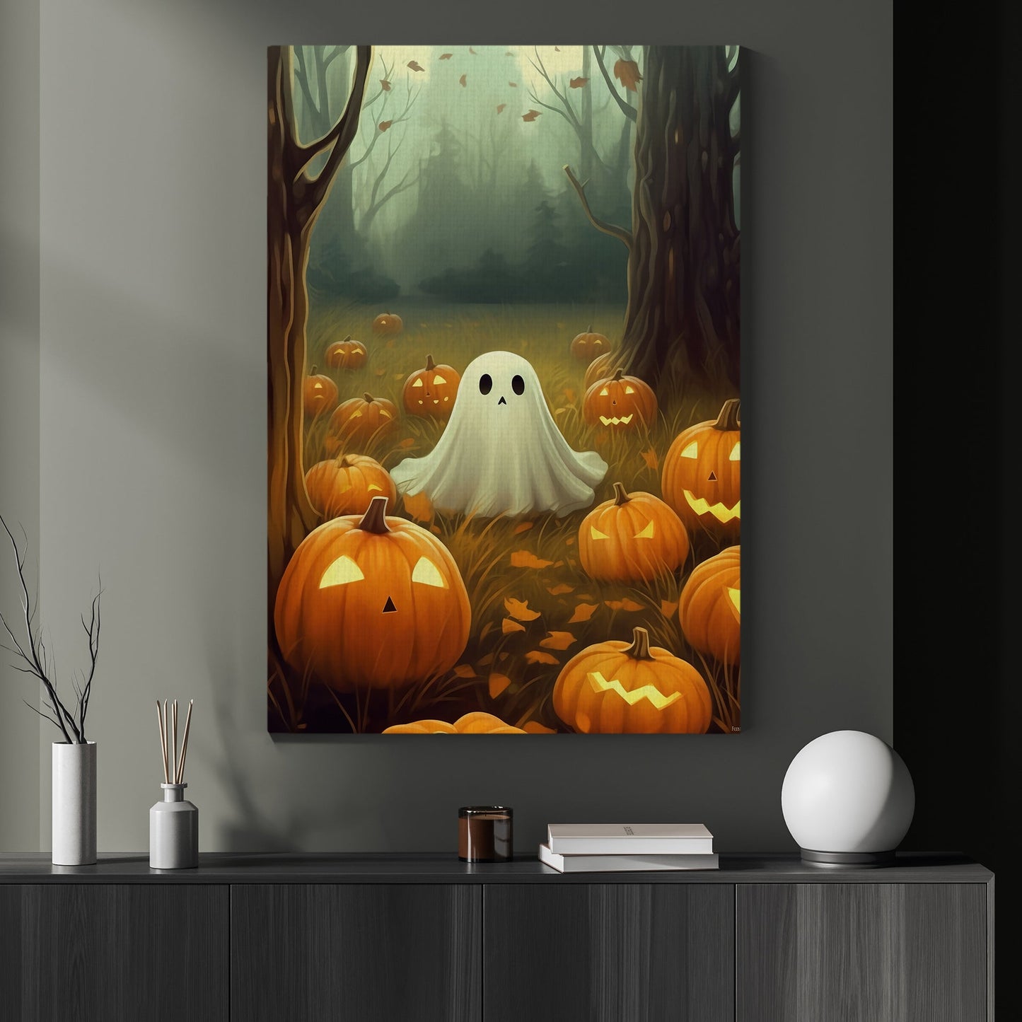 Baby Ghost Pumpkin In The Garden Halloween Canvas Painting, Wall Art Decor - Dark Ghost Halloween Poster Gift