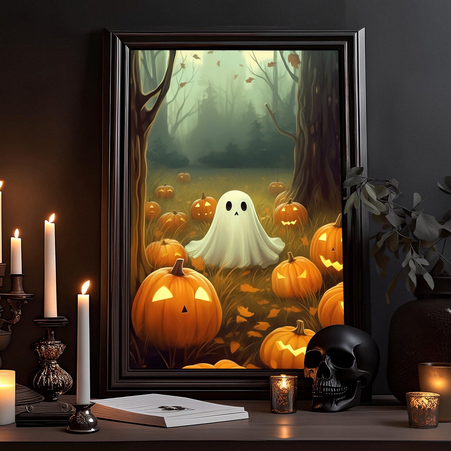 Baby Ghost Pumpkin In The Garden Halloween Canvas Painting, Wall Art Decor - Dark Ghost Halloween Poster Gift