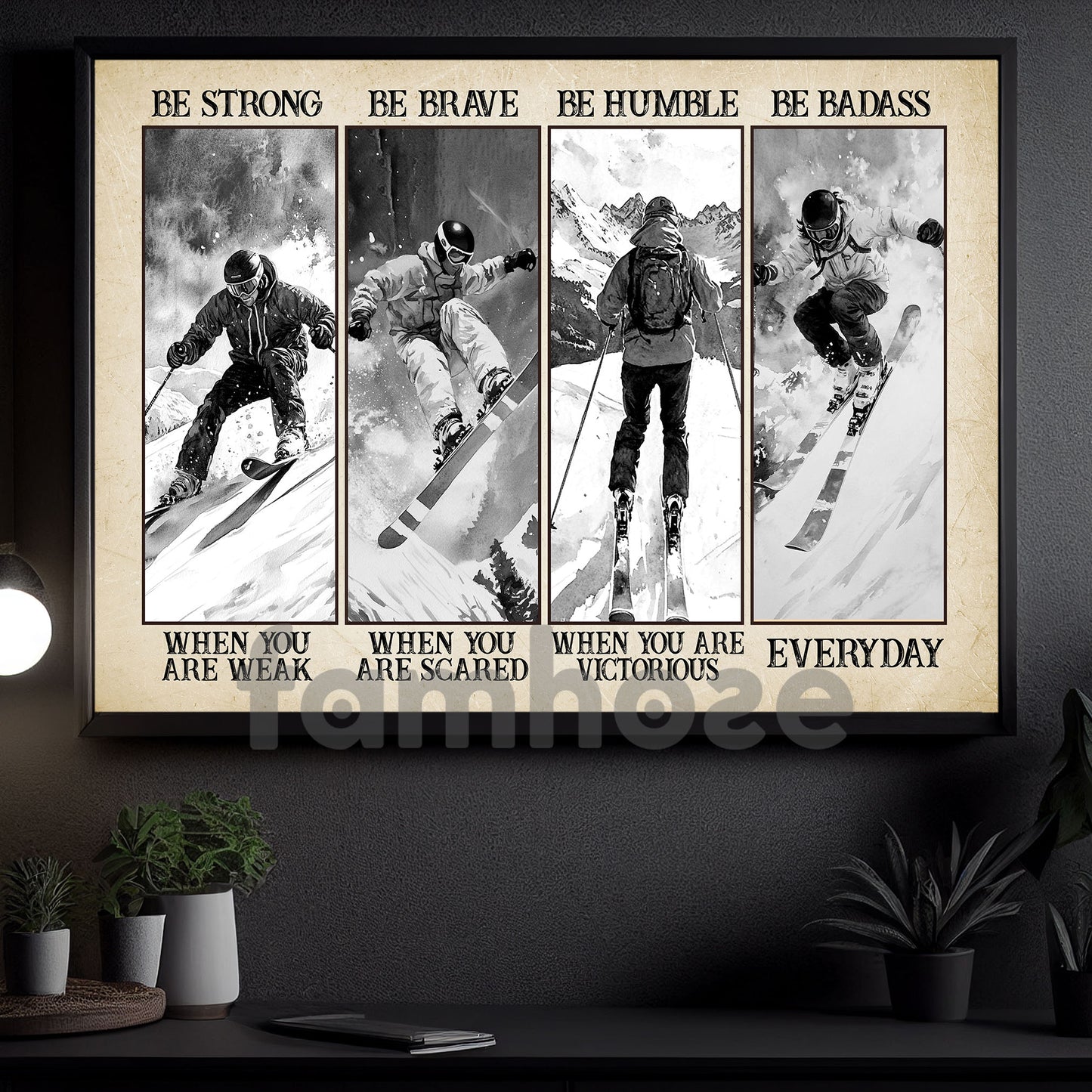 Motivational Skiing Boy Canvas Painting, Be Strong Brave Humble Badass Sport Wall Art Decor, Poster Gift For Skiing Lovers