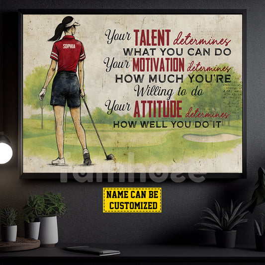 Motivational Personalized Golf Girl Canvas Painting, Your Talent Determines What You Do Sport Wall Art Decor, Poster Gift For Golf Lover