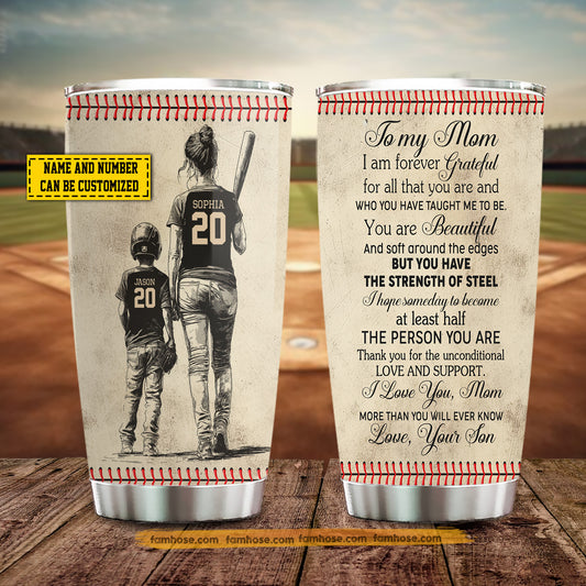 Personalized Baseball Mom & Son Stainless Steel Tumbler, To My Mom I Am Forever Grateful Sport Travel Mug Tumblers Mother's Day Gift For Mom From Baseball Boy