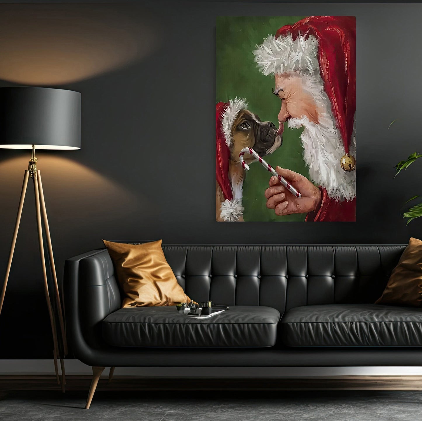 Santa Claus And The Dog Are Friends, Santa Claus & Dog Christmas Canvas Painting, Xmas Wall Art Decor - Christmas Poster Gift