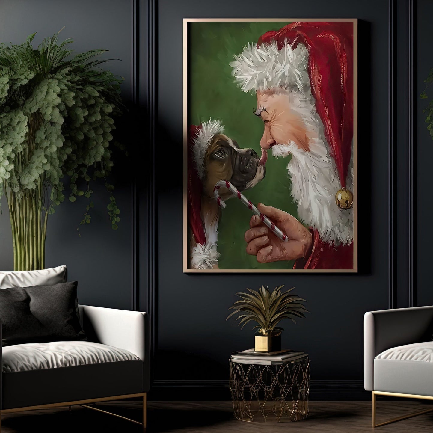 Santa Claus And The Dog Are Friends, Santa Claus & Dog Christmas Canvas Painting, Xmas Wall Art Decor - Christmas Poster Gift