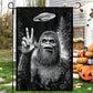 Funny Halloween Bigfoot UFO Garden Flag House Flag, Bigfoot Peace Sign Yard Flag, Spooky Season Gift For Bigfoot Lovers