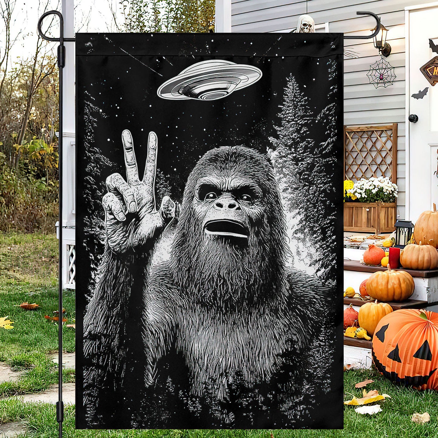 Funny Halloween Bigfoot UFO Garden Flag House Flag, Bigfoot Peace Sign Yard Flag, Spooky Season Gift For Bigfoot Lovers