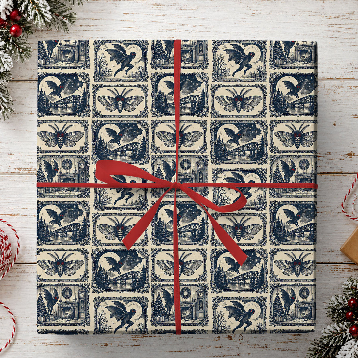 Vintage Christmas Mothman Cryptid Wrapping Paper, Merry Mothman Christmas Wrapping Paper Rolls, Xmas Gift Wrap For Mothman Lover