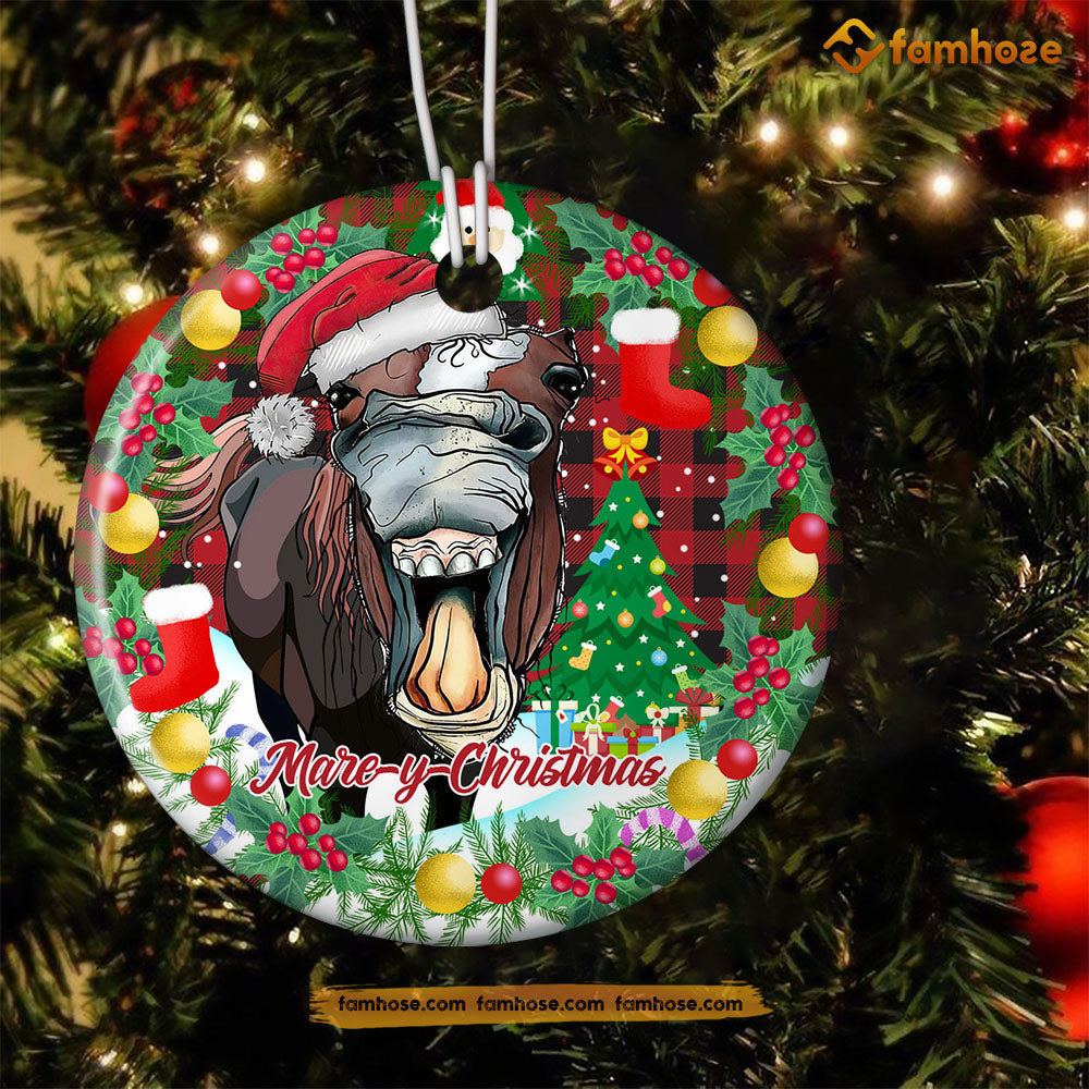 Christmas Funny Christmas Horse Ornament, Marey Christmas Gift For Horse Lovers, Circle Ceramic Ornament