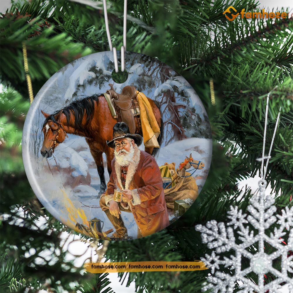 Christmas Horse Ornament, Santa Claus Together With Horse Gift For Horse Lovers, Circle Ceramic Ornament