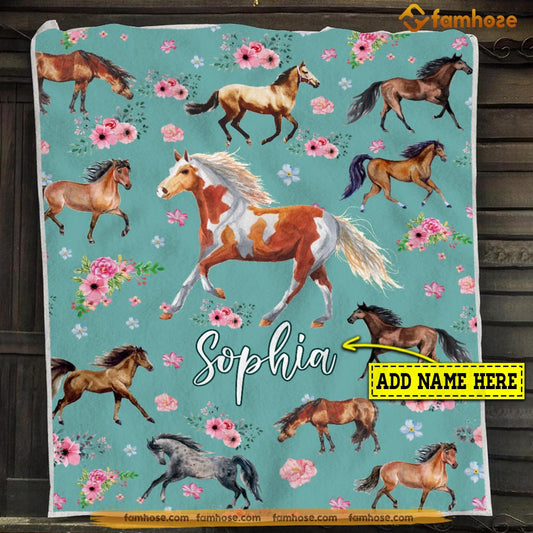 Cute Personalized Horse Blanket, Flower Horse, Horse Fleece Blanket - Sherpa Blanket Gift For Horse Lover