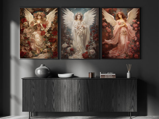 Set Of 3 Vintage Floral Angel Painting, Christmas Angel Wall Art Decor