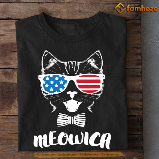 July 4th Cat T-shirt, Meowica Cat With Glasses USA Flag, Independence Day Gift For Cat Lovers, Cat Owners, Cat Tees