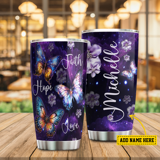 Personalized Butterfly Tumbler, Faith Hope Love, Sunflower Butterfly Stainless Steel Tumbler, Tumbler Gifts For Butterfly Lovers