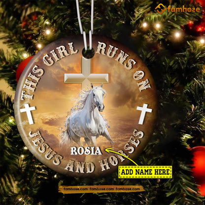 Christmas Horse Ornament, This Girl Runs On Jesus Horses Gift For Horse Lovers, Personalized Custom Circle Ceramic Ornament