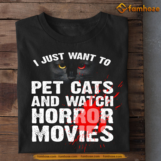 Halloween Cat T-shirt, Pet Cats Watch Horror Movies, Spooky Season Gift For Cat Lovers, Cat Owners Tee