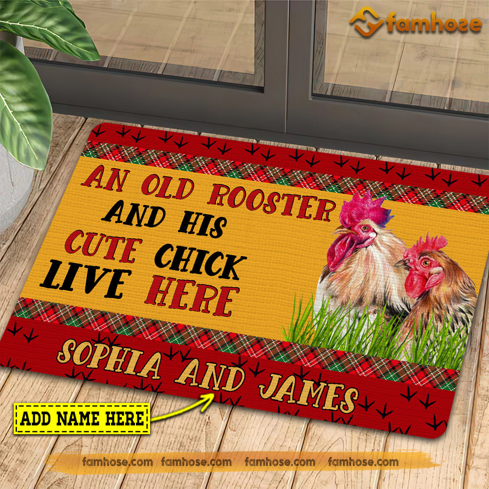 Personalized Chicken Doormat, An Old Rooster His Cute Chick Live Here Gift For Chicken Lovers, New Home Gift, Housewarming Gift, Chicken Decor