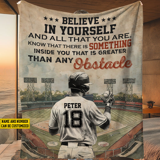 Personalized Motivational Baseball Boy Fleece Blanket , Believe In Yourself And All That You Are Woven Blanket, Cool Sherpa Blanket Gift For Baseball Lovers