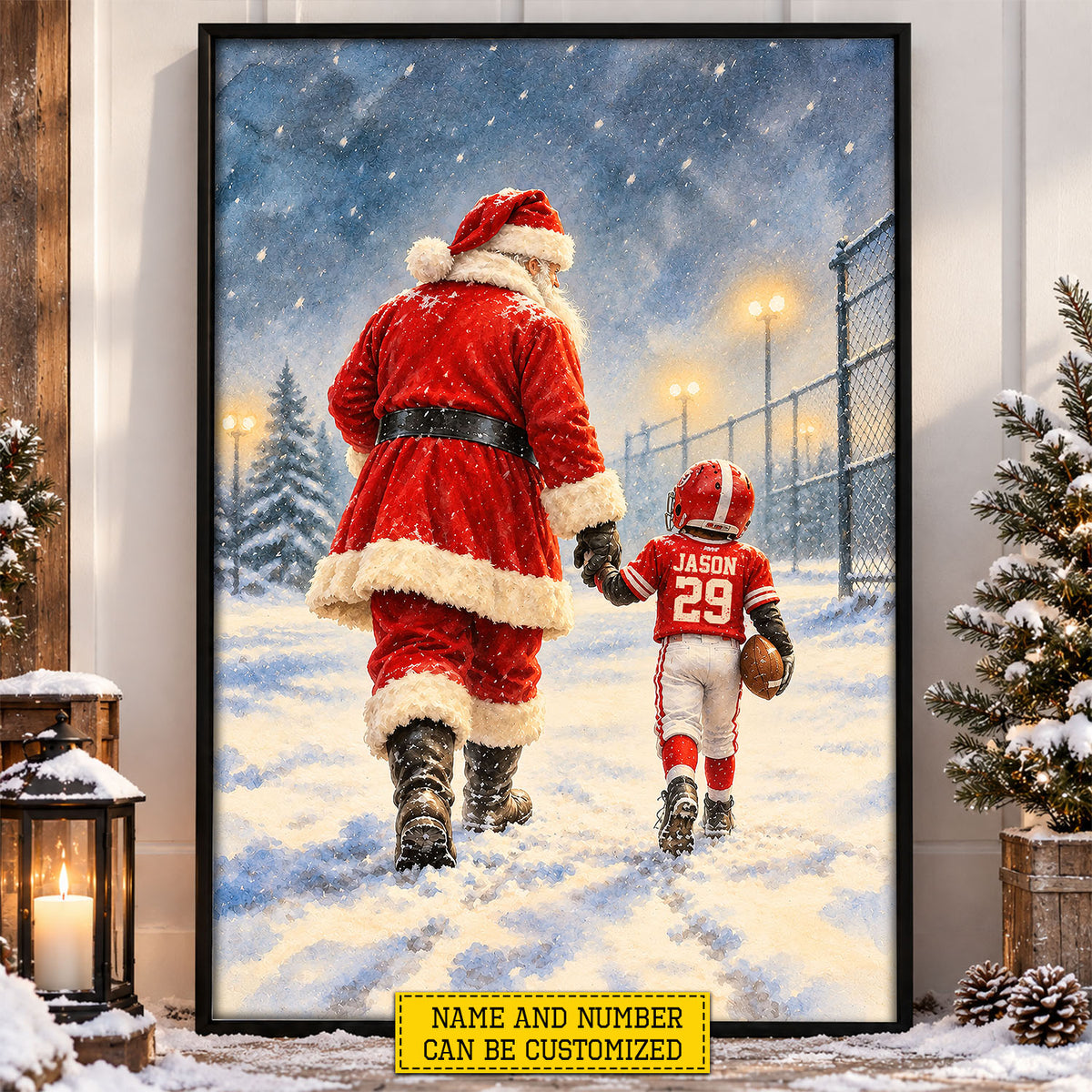 Personalized Christmas Santa and Football Boy Canvas Painting, Santa's Little Football Star Wall Art Decor, Xmas Poster Gift For Football Lover