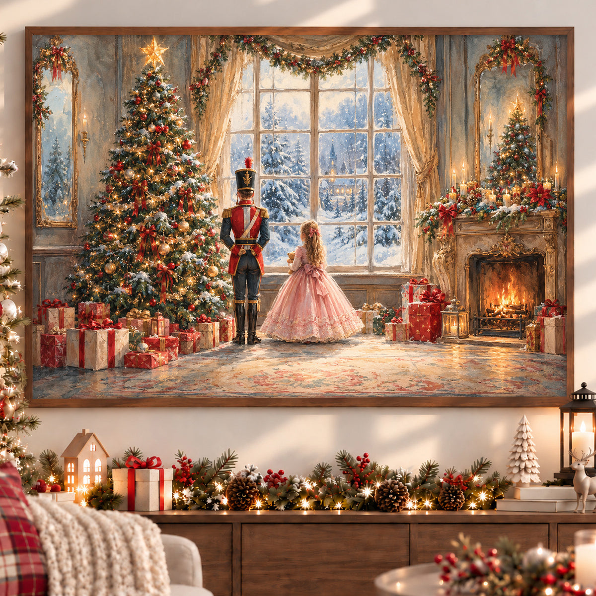 Christmas Nutcracker Canvas Painting, Clara And Toy Soldier By Christmas Tree Wall Art Decor, Xmas Poster Gift For Nutcracker Lover