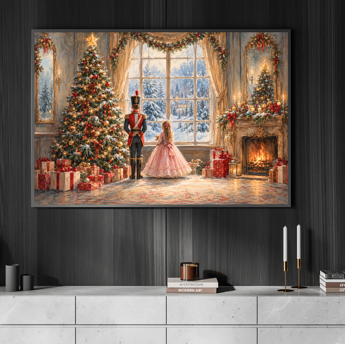 Christmas Nutcracker Canvas Painting, Clara And Toy Soldier By Christmas Tree Wall Art Decor, Xmas Poster Gift For Nutcracker Lover