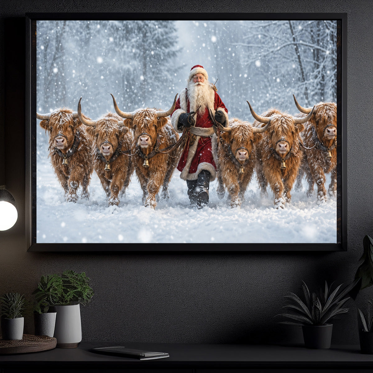 Christmas Highland Cow Canvas Painting, Six Fluffy Highland Cattle In Snowy Forest Wall Art Decor, Xmas Poster Gift For Cow Lover