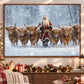 Christmas Highland Cow Canvas Painting, Six Fluffy Highland Cattle In Snowy Forest Wall Art Decor, Xmas Poster Gift For Cow Lover