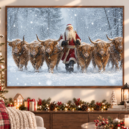 Christmas Highland Cow Canvas Painting, Six Fluffy Highland Cattle In Snowy Forest Wall Art Decor, Xmas Poster Gift For Cow Lover