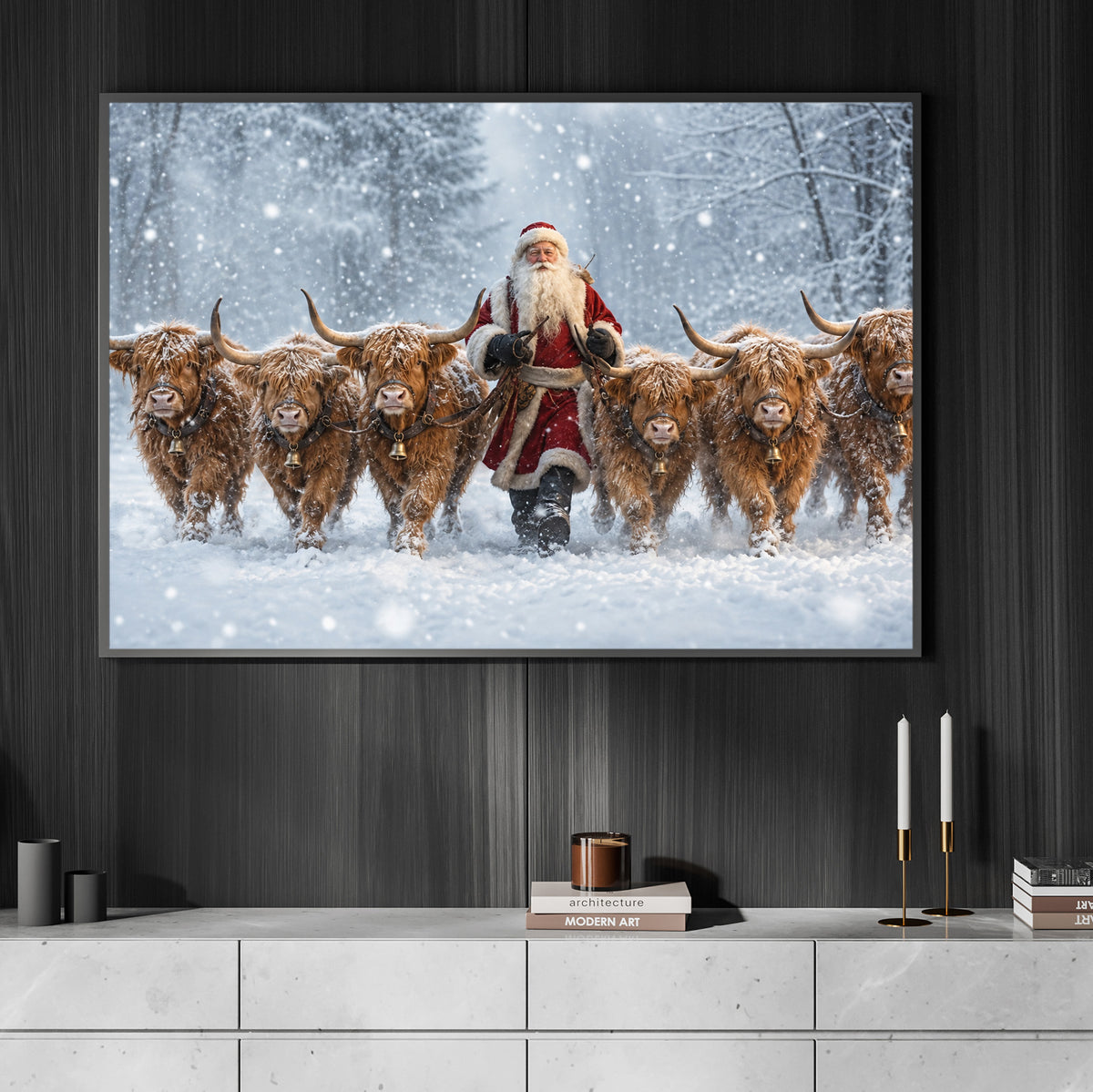Christmas Highland Cow Canvas Painting, Six Fluffy Highland Cattle In Snowy Forest Wall Art Decor, Xmas Poster Gift For Cow Lover