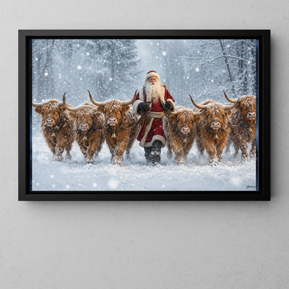 Christmas Highland Cow Canvas Painting, Six Fluffy Highland Cattle In Snowy Forest Wall Art Decor, Xmas Poster Gift For Cow Lover