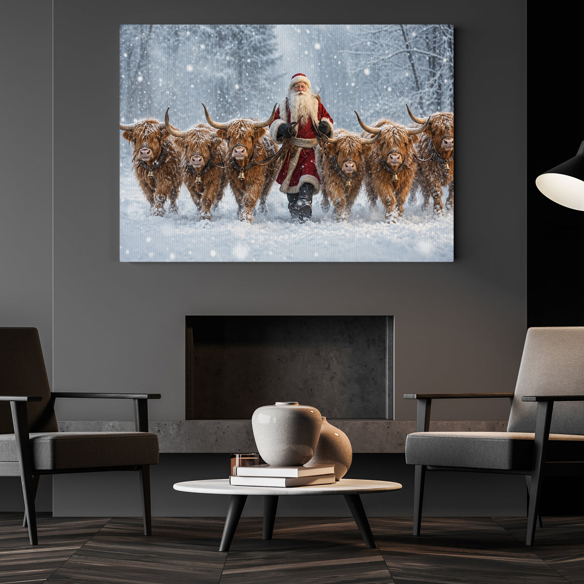 Christmas Highland Cow Canvas Painting, Six Fluffy Highland Cattle In Snowy Forest Wall Art Decor, Xmas Poster Gift For Cow Lover