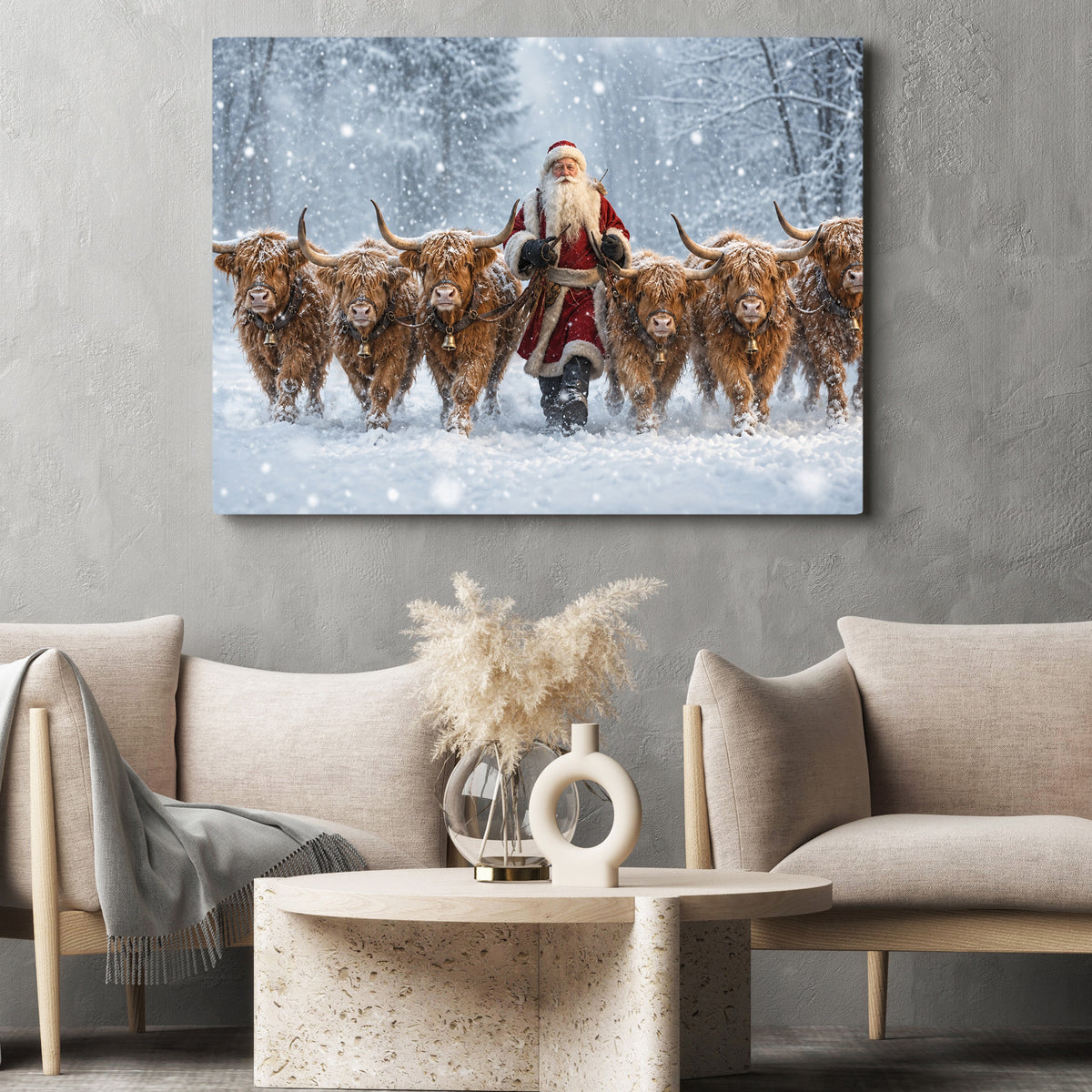 Christmas Highland Cow Canvas Painting, Six Fluffy Highland Cattle In Snowy Forest Wall Art Decor, Xmas Poster Gift For Cow Lover