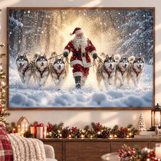 Christmas Husky Dog Canvas Painting, Santa's Husky Squad Wall Art Decor, Xmas Poster Gift For Dog Lover
