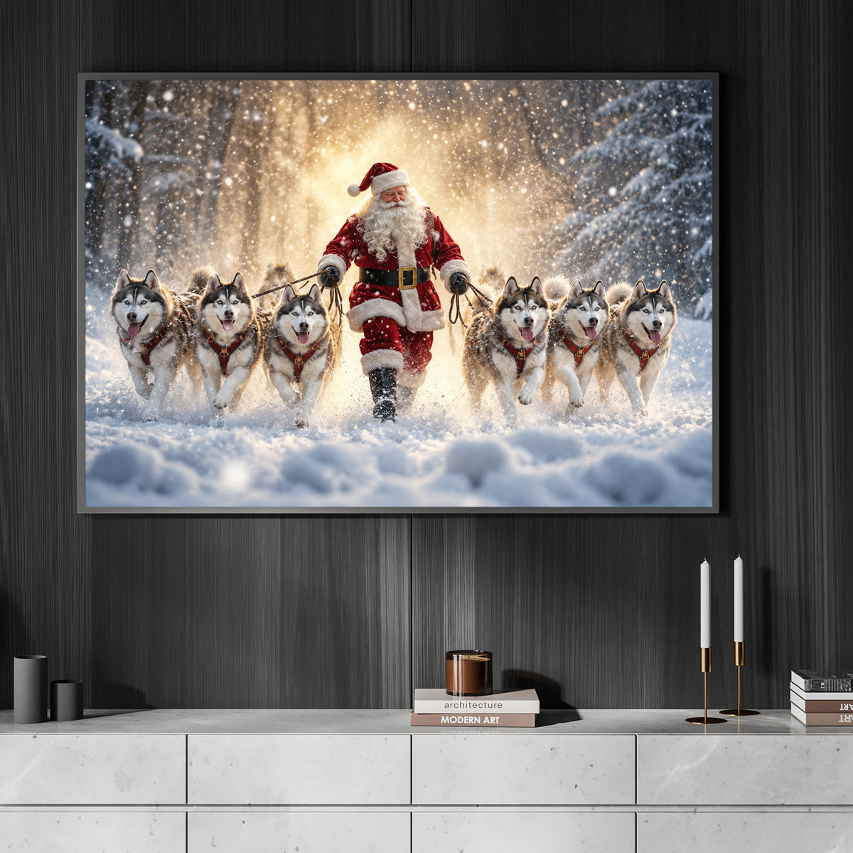 Christmas Husky Dog Canvas Painting, Santa's Husky Squad Wall Art Decor, Xmas Poster Gift For Dog Lover