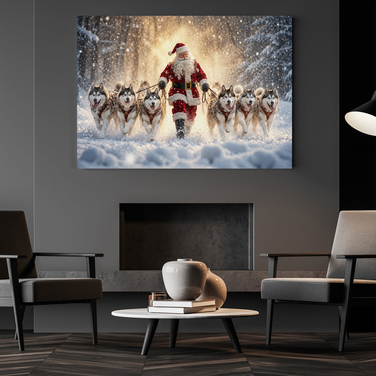 Christmas Husky Dog Canvas Painting, Santa's Husky Squad Wall Art Decor, Xmas Poster Gift For Dog Lover