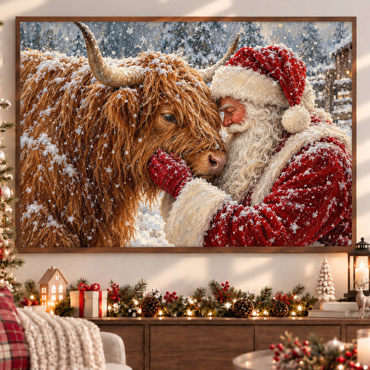 Christmas Highland Cow Canvas Painting, Fluffy Scottish Highland Cattle In Snow Wall Art Decor, Xmas Poster Gift For Cow Lover