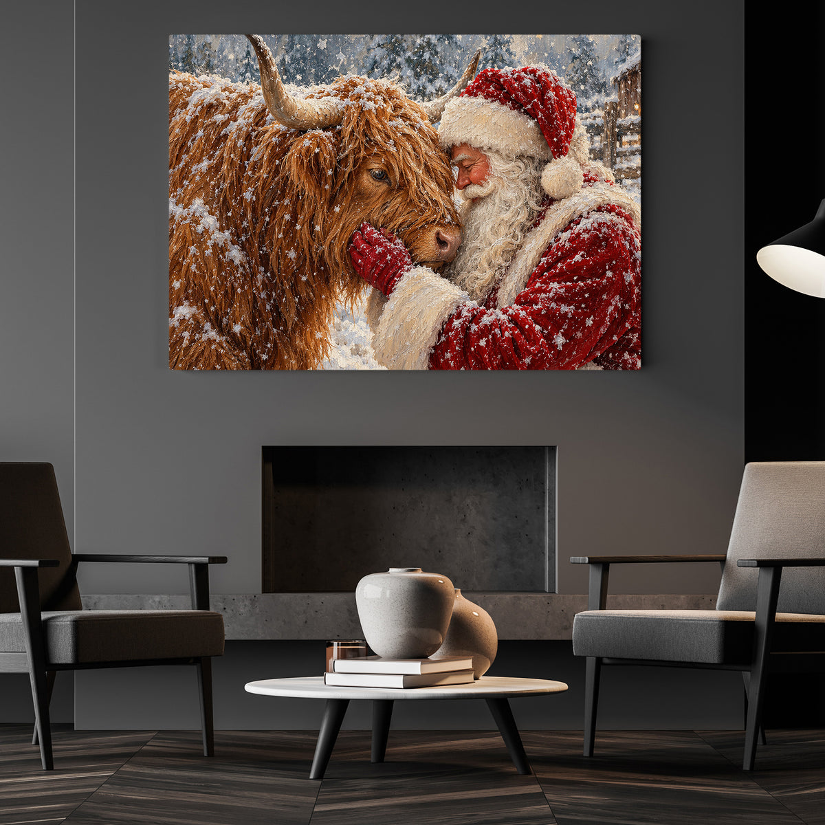 Christmas Highland Cow Canvas Painting, Fluffy Scottish Highland Cattle In Snow Wall Art Decor, Xmas Poster Gift For Cow Lover