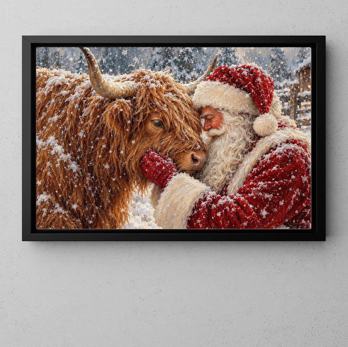 Christmas Highland Cow Canvas Painting, Fluffy Scottish Highland Cattle In Snow Wall Art Decor, Xmas Poster Gift For Cow Lover