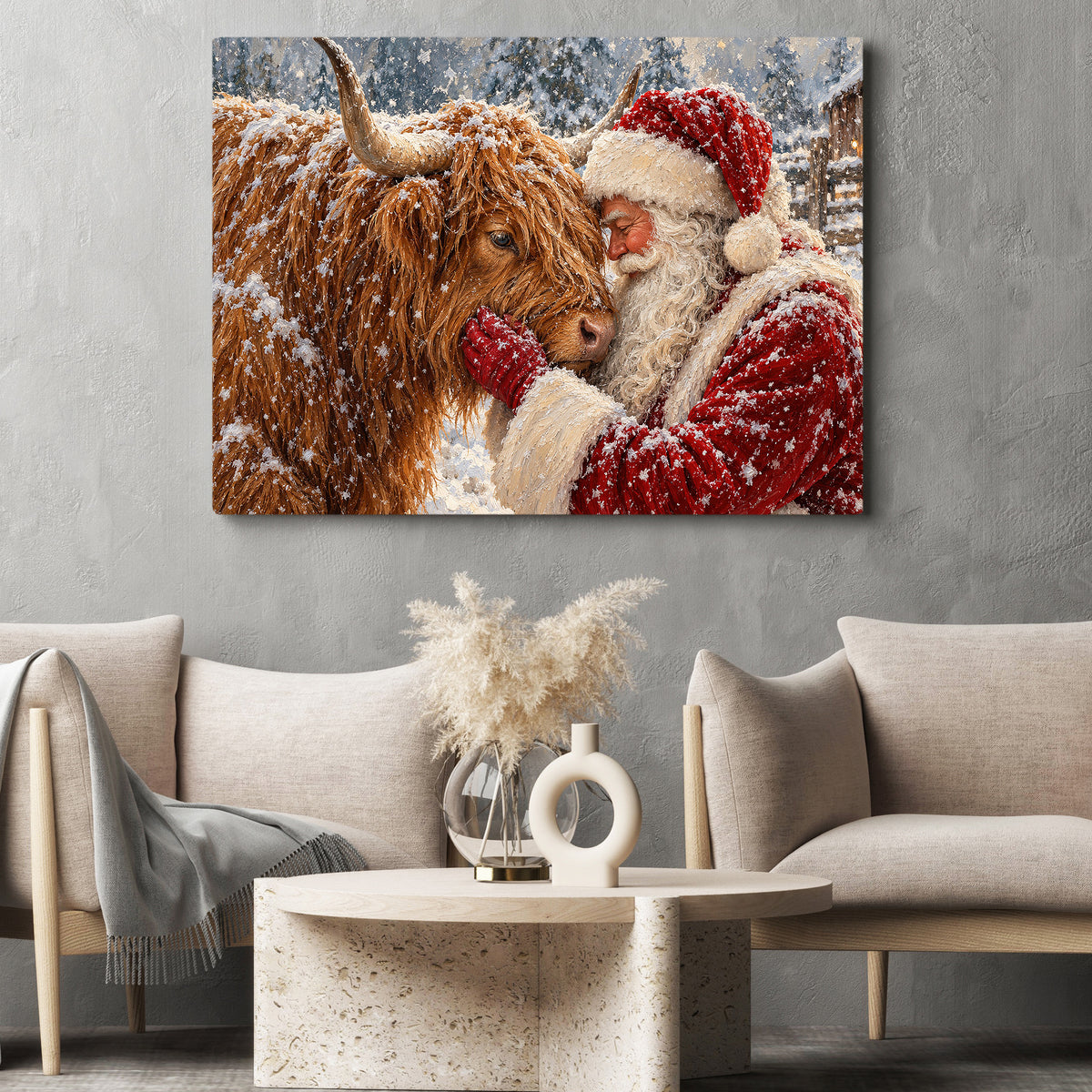 Christmas Highland Cow Canvas Painting, Fluffy Scottish Highland Cattle In Snow Wall Art Decor, Xmas Poster Gift For Cow Lover