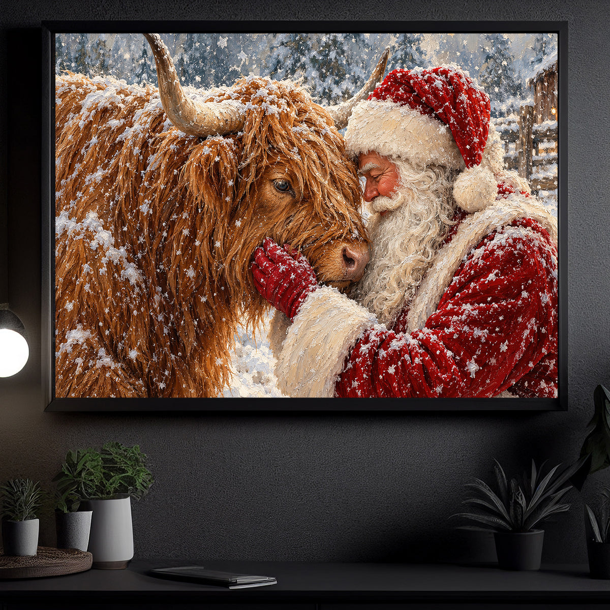 Christmas Highland Cow Canvas Painting, Fluffy Scottish Highland Cattle In Snow Wall Art Decor, Xmas Poster Gift For Cow Lover