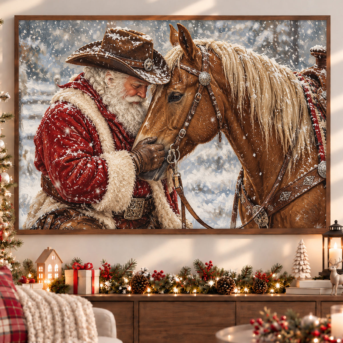 Christmas Cowboy American Quarter Horse Canvas Painting, Western Santa Hugging Palomino Horse Wall Art Decor, Xmas Poster Gift For Equestrian Horse Lover