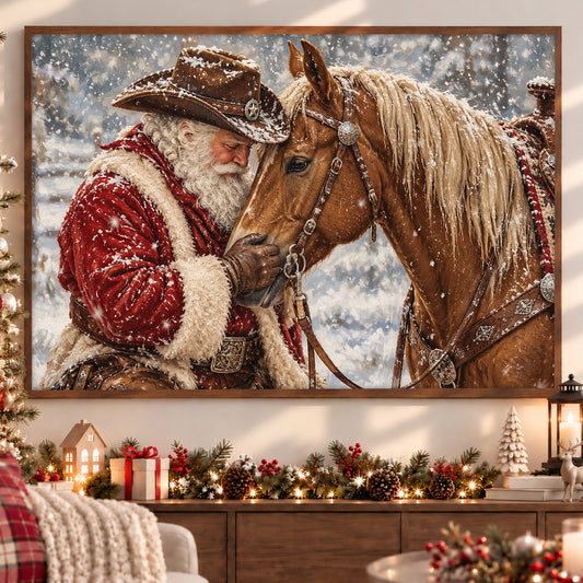 Christmas Cowboy American Quarter Horse Canvas Painting, Western Santa Hugging Palomino Horse Wall Art Decor, Xmas Poster Gift For Equestrian Horse Lover
