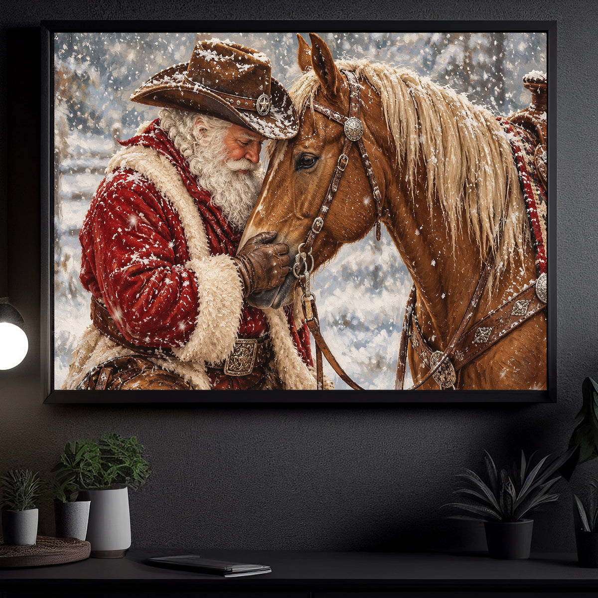 Christmas Cowboy American Quarter Horse Canvas Painting, Western Santa Hugging Palomino Horse Wall Art Decor, Xmas Poster Gift For Equestrian Horse Lover
