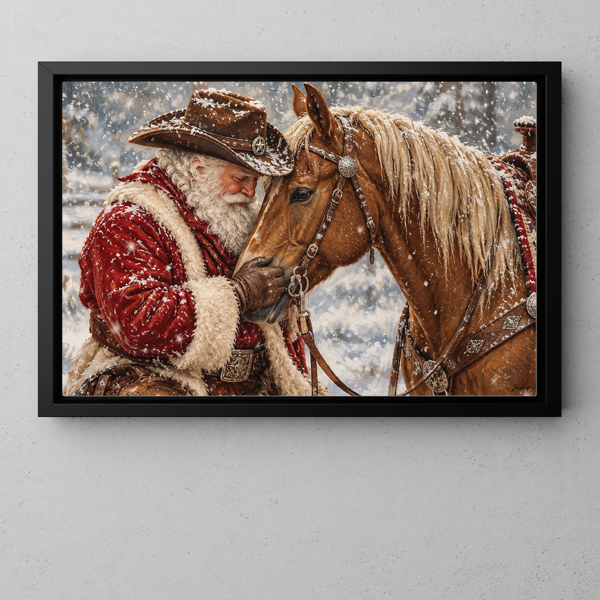 Christmas Cowboy American Quarter Horse Canvas Painting, Western Santa Hugging Palomino Horse Wall Art Decor, Xmas Poster Gift For Equestrian Horse Lover