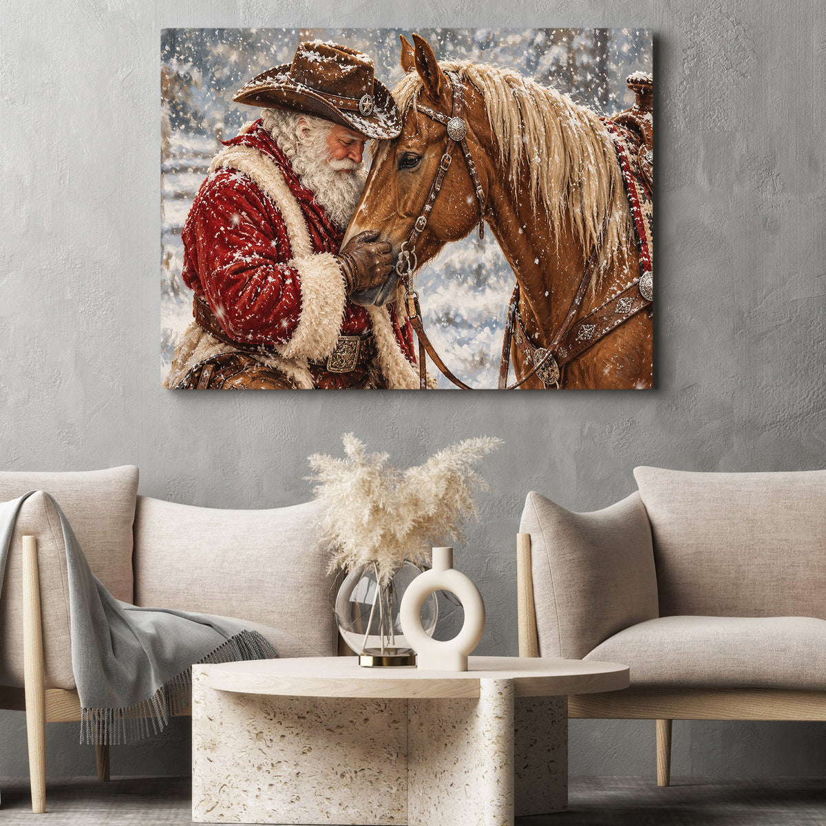 Christmas Cowboy American Quarter Horse Canvas Painting, Western Santa Hugging Palomino Horse Wall Art Decor, Xmas Poster Gift For Equestrian Horse Lover