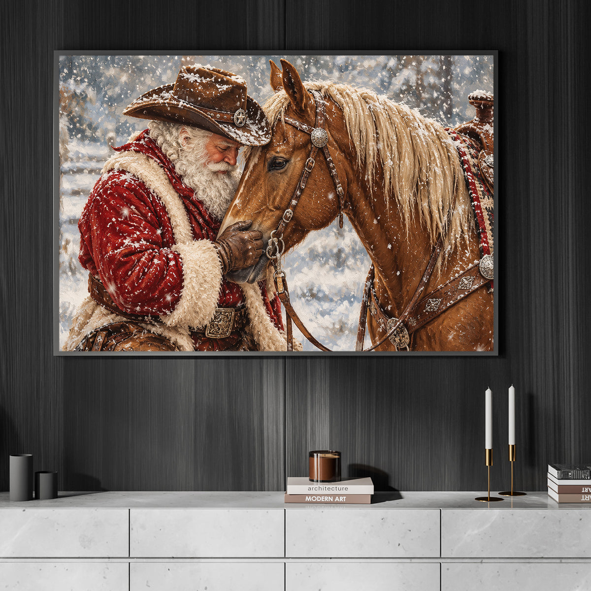 Christmas Cowboy American Quarter Horse Canvas Painting, Western Santa Hugging Palomino Horse Wall Art Decor, Xmas Poster Gift For Equestrian Horse Lover