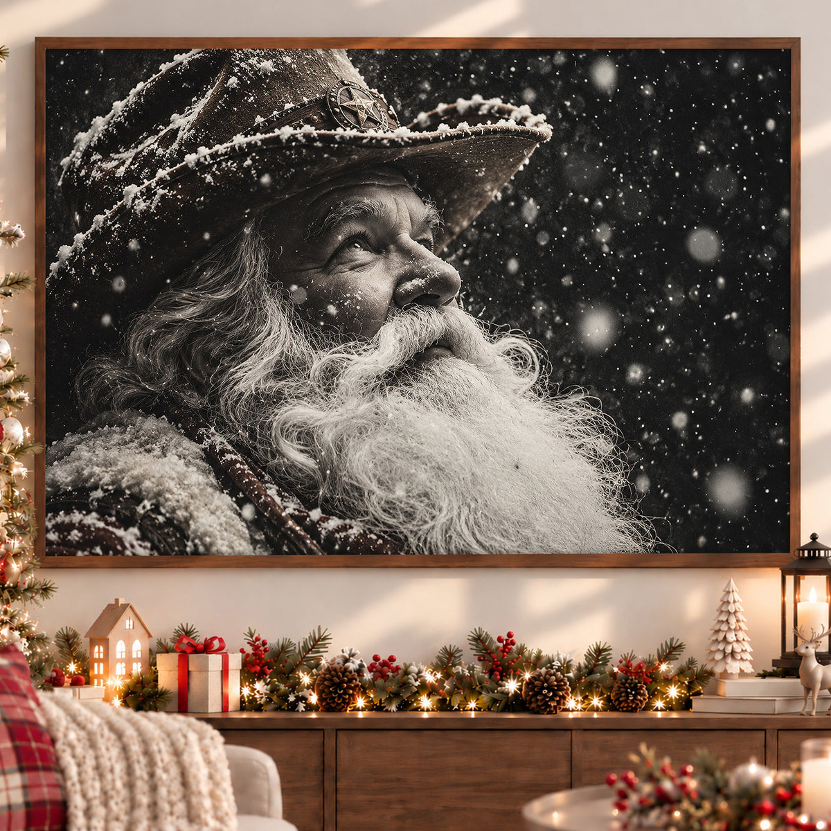 Christmas Black And White Cowboy Canvas Painting, Snowy Santa Claus Portrait Wall Art Decor, Xmas Poster Gift For Cowboys