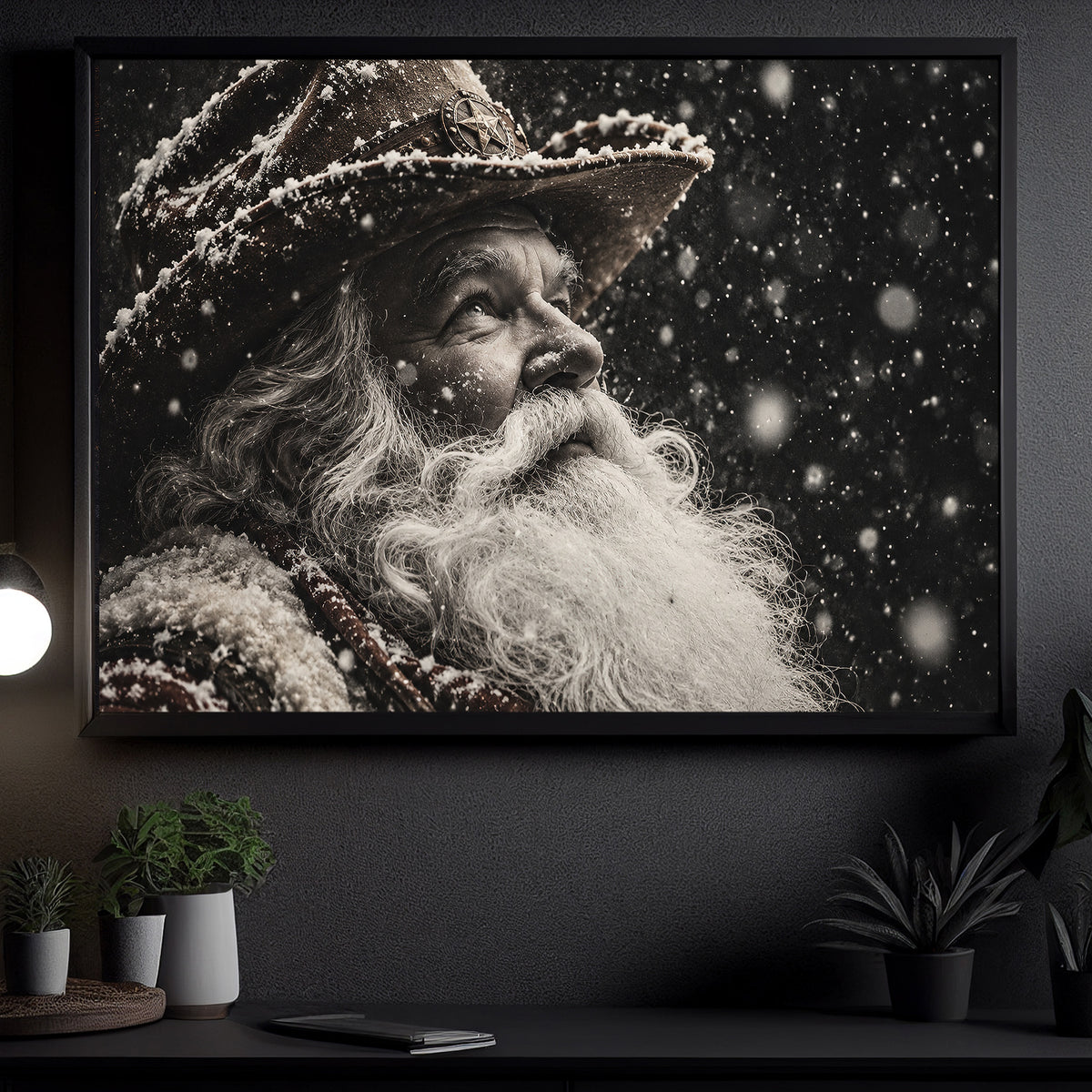 Christmas Black And White Cowboy Canvas Painting, Snowy Santa Claus Portrait Wall Art Decor, Xmas Poster Gift For Cowboys