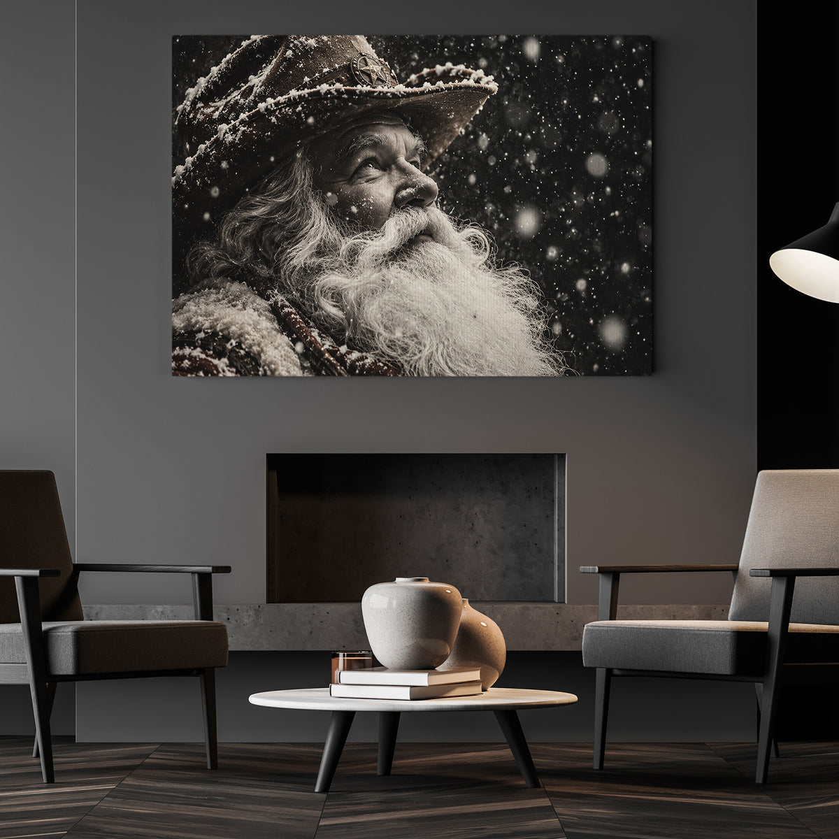 Christmas Black And White Cowboy Canvas Painting, Snowy Santa Claus Portrait Wall Art Decor, Xmas Poster Gift For Cowboys