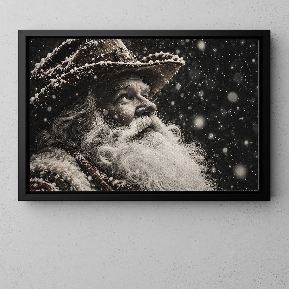 Christmas Black And White Cowboy Canvas Painting, Snowy Santa Claus Portrait Wall Art Decor, Xmas Poster Gift For Cowboys