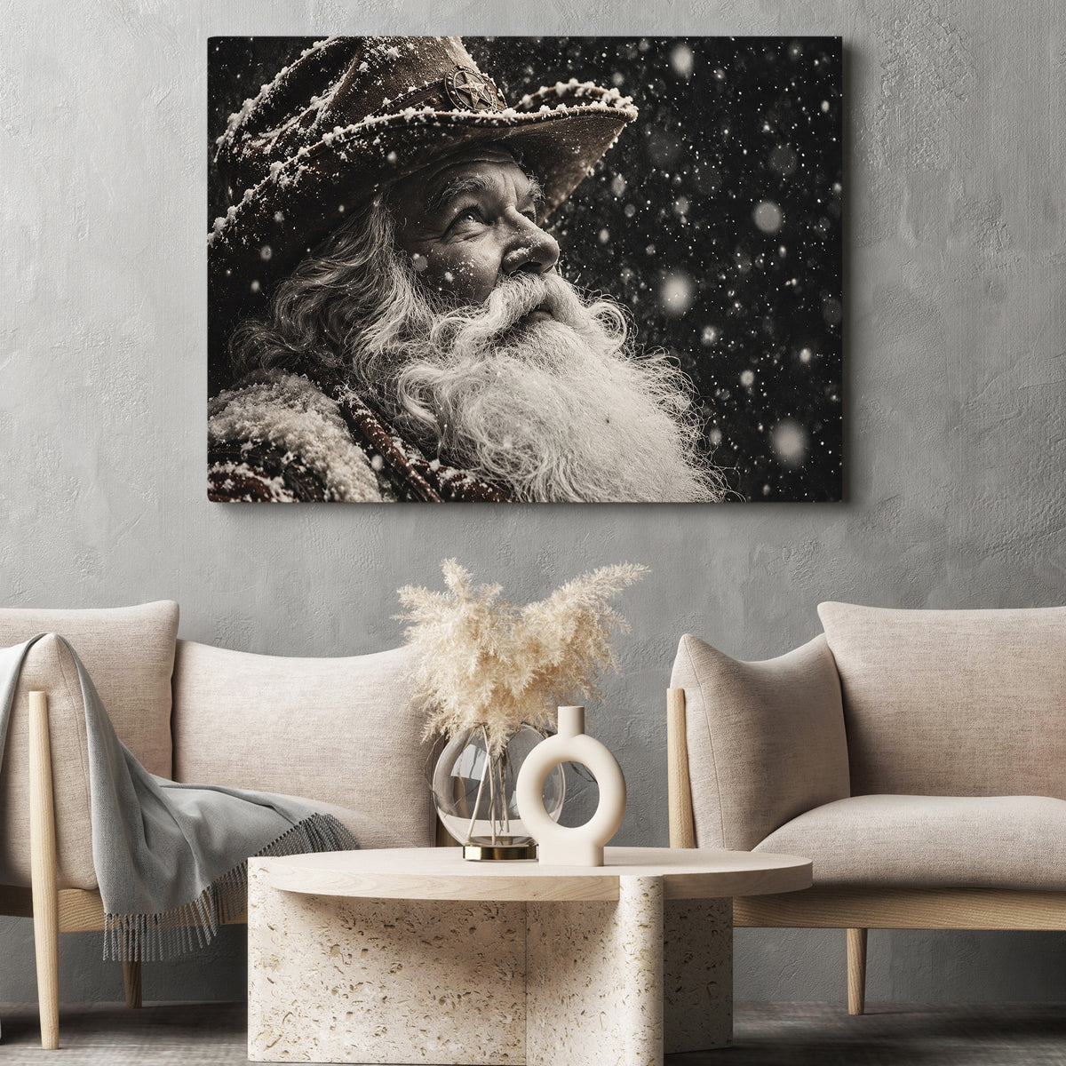 Christmas Black And White Cowboy Canvas Painting, Snowy Santa Claus Portrait Wall Art Decor, Xmas Poster Gift For Cowboys
