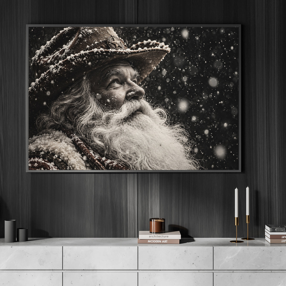 Christmas Black And White Cowboy Canvas Painting, Snowy Santa Claus Portrait Wall Art Decor, Xmas Poster Gift For Cowboys